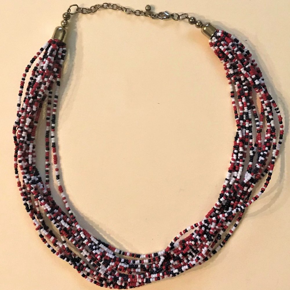 Red, white and blue multi-strand bead necklace